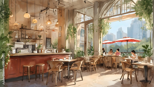 A digital painting showing an airy caf   space with customers sitting near large windows