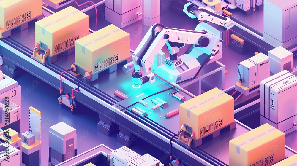 Obraz premium Robotic technology stacks boxes in the final assembly stage, monitored by experts to assure quality. Isometric vector illustration.