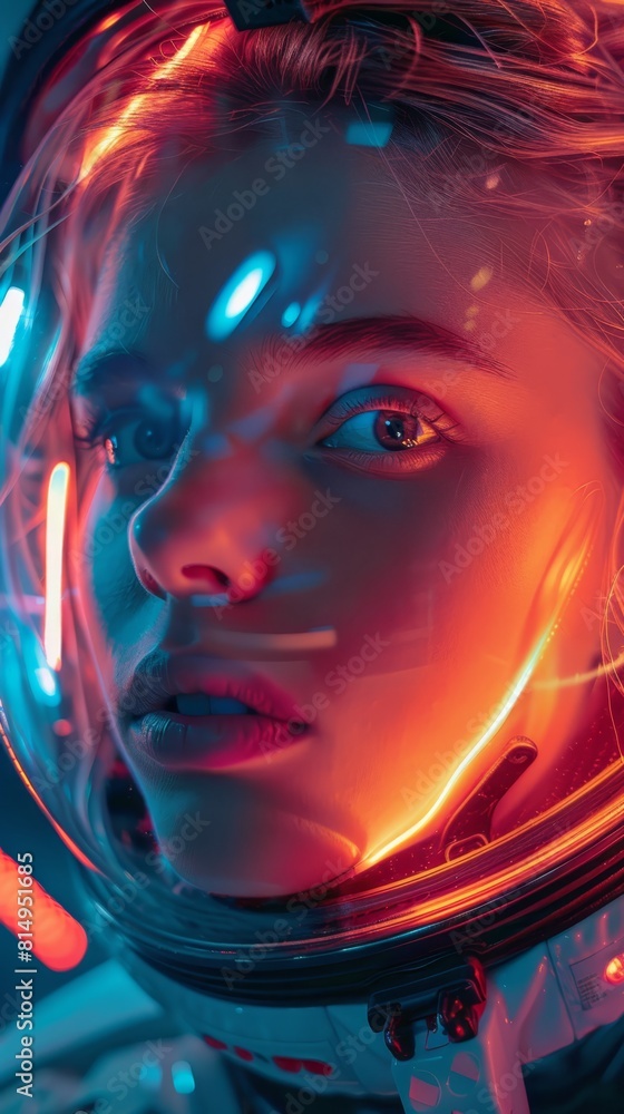 a close-up shot of a young woman wearing a futuristic glass helmet illuminated from within
a close-up shot of a young woman wearing a futuristic glass helmet illuminated from within