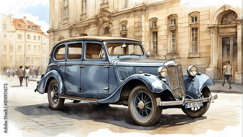 An illustrated image of an old-fashioned car parked on a cobblestone street with buildings and pedestrians in the background