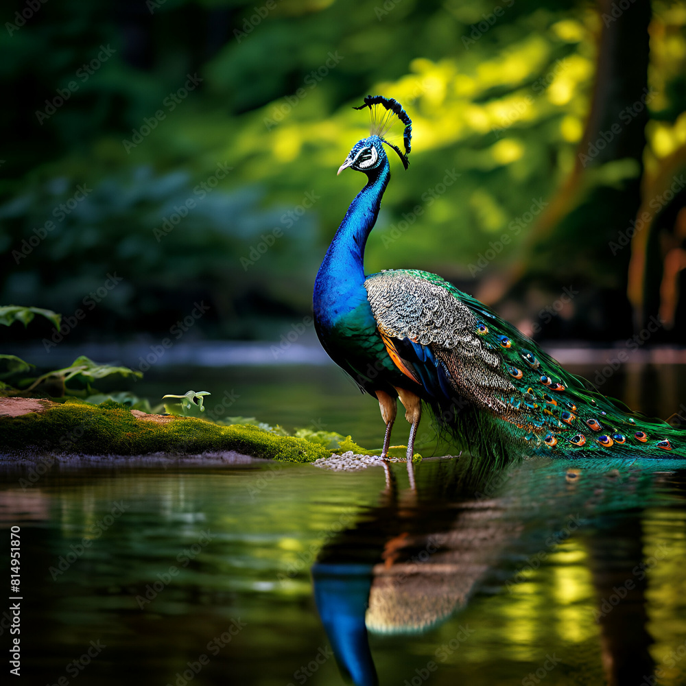 elegant peacock standing by the water amidst the forest natures beauty captured in vibrant colors,generate ai elegant peacock standing by the water amidst the forest natures beauty captured in vibrant colors,generate ai