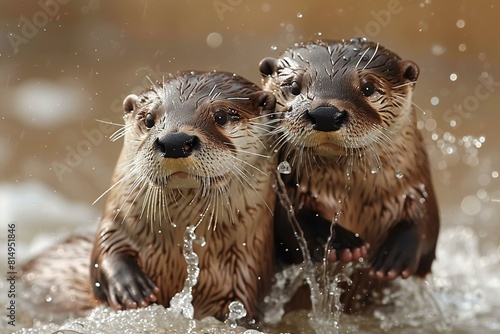 Two wet Asian small-clawed otters swimming in the river photo