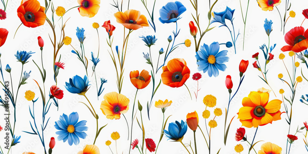 A vibrant pattern featuring an assortment of colorful flowers, including red poppies and blue blooms, on a white background. Ideal for fabric or wallpaper design.