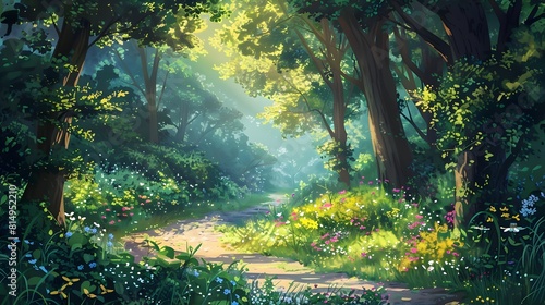 Enchanting Forest Pathway Bathed in Dappled Sunlight and Verdant Foliage