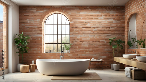 A modern bathroom design featuring a luxurious freestanding bathtub and exposed brick walls for a rustic touch