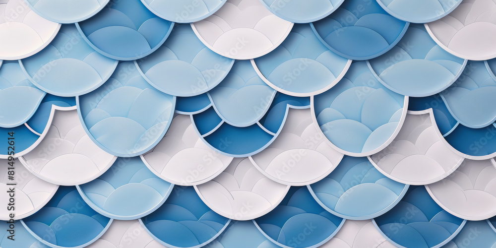 Fototapeta premium This image shows a close-up of a decorative wall textured with overlapping scales in shades of blue and white, resembling a stylized fish or dragon skin.