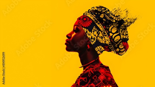 Vibrant African Woman Adorned in Traditional Patterns and Silhouette Artwork photo