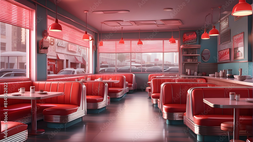 Fototapeta premium Digitally rendered diner with a classic 50s Americana style, featuring red booths and vintage decor