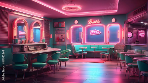Digital artwork of a retro diner interior bathed in neon lights featuring booths and a vintage jukebox