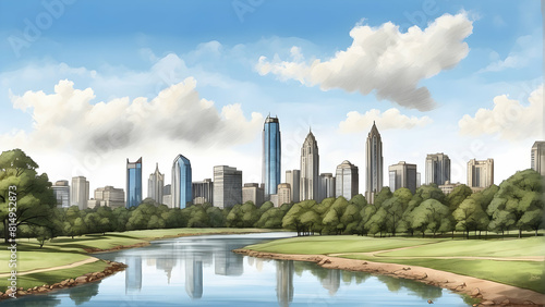 Artistic illustration of a city skyline viewed from a park with skyscrapers  green space  and a river