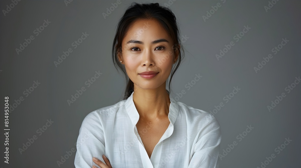 Mature,Confident Asian Business Woman in White Shirt Standing with Positive and Satisfying