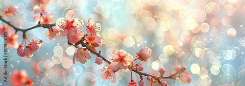 Close up of cherry blossom flowers on tree branch in natural landscape