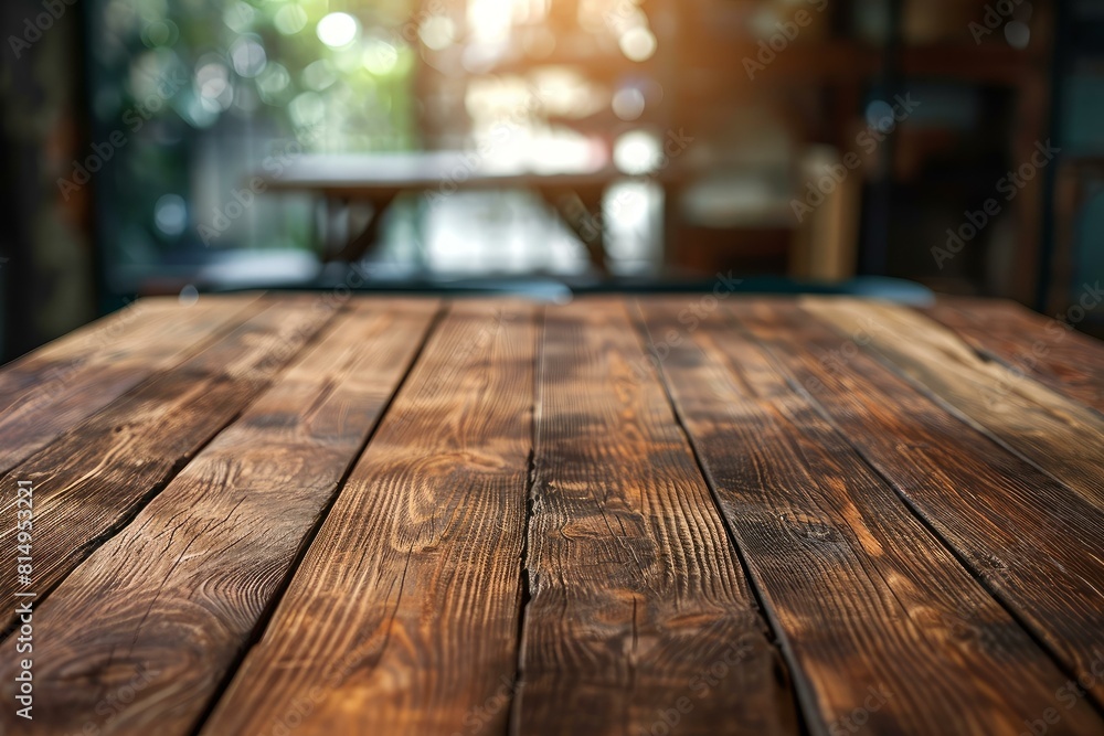 Empty rustic wooden table with a blurred sunlit background, great for product display Empty rustic wooden table with a blurred sunlit background, great for product display