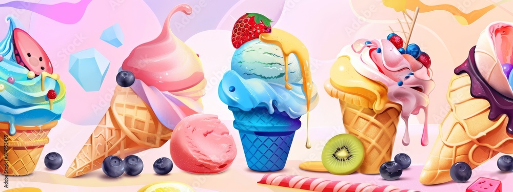 A colorful ice cream display with a variety of flavors and toppings A colorful ice cream display with a variety of flavors and toppings