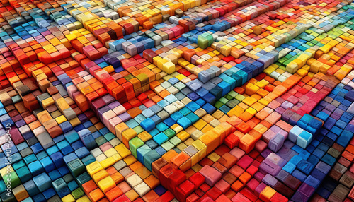 An abstract surface composed of numerous small square and rectangular blocks, each featuring a vibrant and varied color palette