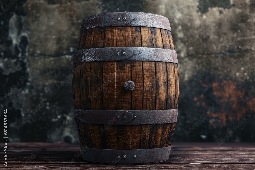 Antique wooden barrel with metal bands standing on a wooden floor against a grunge backdrop Antique wooden barrel with metal bands standing on a wooden floor against a grunge backdrop