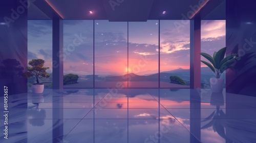 Illustration of a modern office interior with a blurred glass wall and a serene sunset landscape visible outside.
