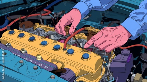 Illustration of a mechanic's hands working on a detailed car engine, with a focus on spark plugs and ignition system.