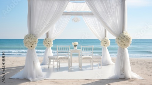 Lovely coastal wedding scene with white flowers and seashells beachy vibe