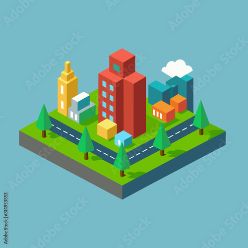 Isometric city landscape with buildings and roads. Vector illustration in flat style