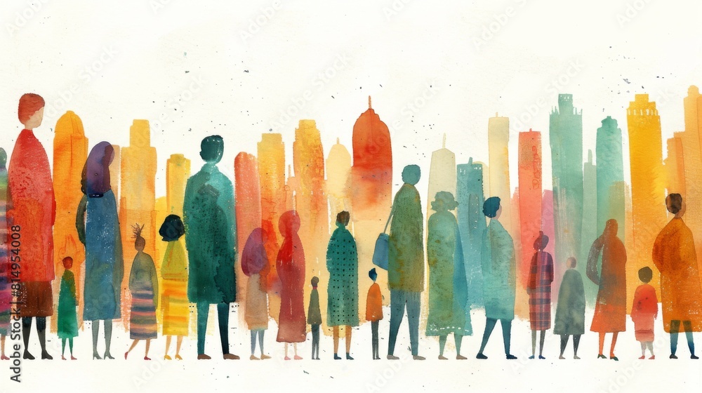 Colorful illustration of silhouetted people in various attire against a backdrop of city buildings. Colorful illustration of silhouetted people in various attire against a backdrop of city buildings.