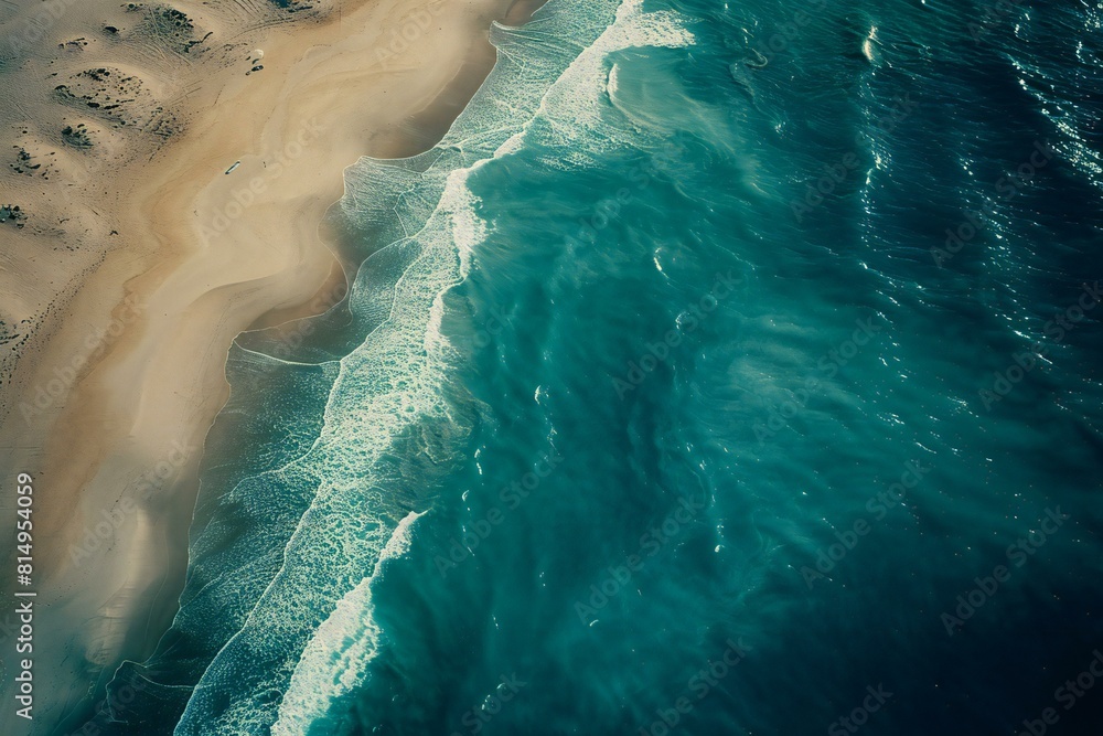 Aerial view of a sandy beach with turquoise ocean waves