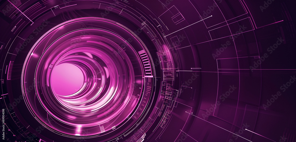 Fototapeta premium Futuristic magenta circles crossing with technology, depicting progress.