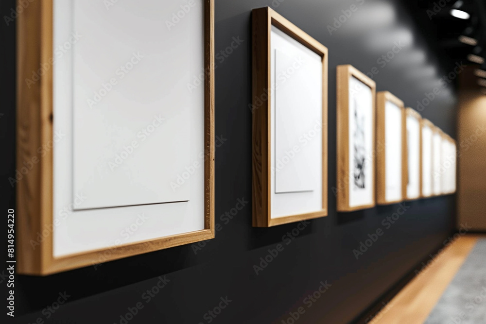 an gallery's side perspective reveals a row of minimalist wooden frames on a wall painted in a rich, Velvet Black exhibit an gallery's side perspective reveals a row of minimalist wooden frames on a wall painted in a rich, Velvet Black exhibit