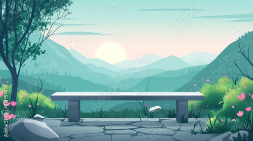 Illustration of an empty stone table with a serene mountain landscape and sun setting in the background. © neatlynatly