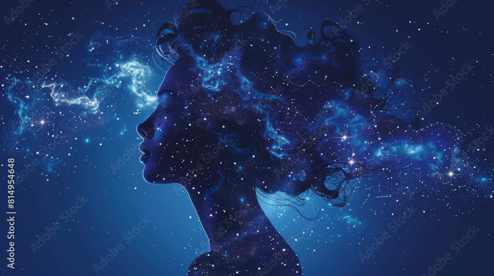 Obraz premium A digital artwork of a woman's silhouette merging with a starry night sky, symbolizing the cosmos blending with human imagination or consciousness.
