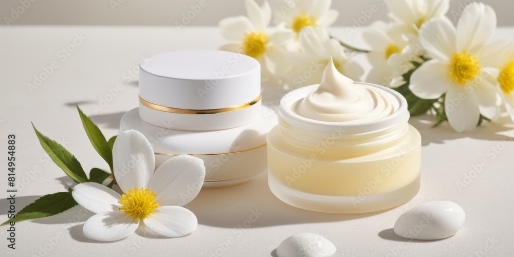Cosmetic cream blank jar mockup with white flowers Cosmetic cream blank jar mockup with white flowers