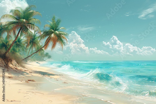A beach scene with palm trees, sand and sea, high quality, high resolution
