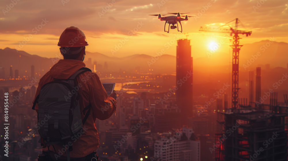 A construction worker with a drone overlooking a cityscape with skyscrapers and cranes at sunrise, depicting urban development and technological supervision. A construction worker with a drone overlooking a cityscape with skyscrapers and cranes at sunrise, depicting urban development and technological supervision.