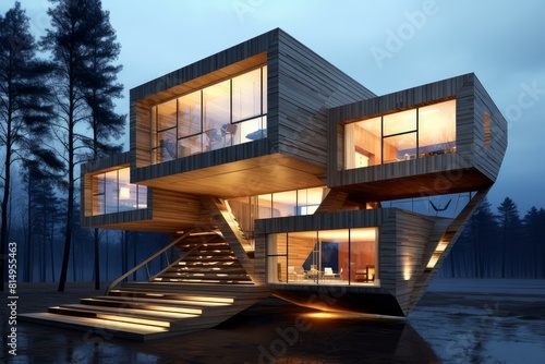 Modern geometric architecture with illuminated interiors against a dusky forest backdrop