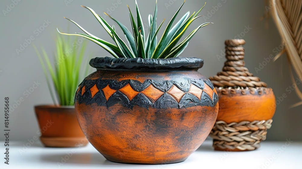 A beautiful handmade clay pot with a unique geometric pattern. The pot is perfect for housing a variety of plants, and would make a great addition to any home. A beautiful handmade clay pot with a unique geometric pattern. The pot is perfect for housing a variety of plants, and would make a great addition to any home.