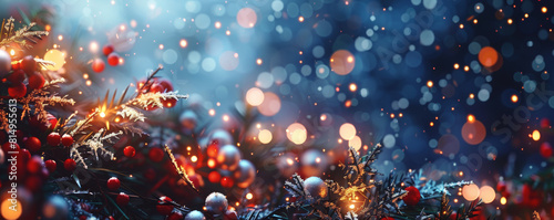 Christmas or New Year banner with festive decor  lights and snow blurred bokeh background. Border with evergreen plants  green fir pine branches  gold lights and red berries.