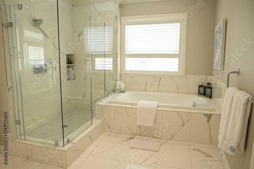 Interior design with bathtub  window  and plant near curtain