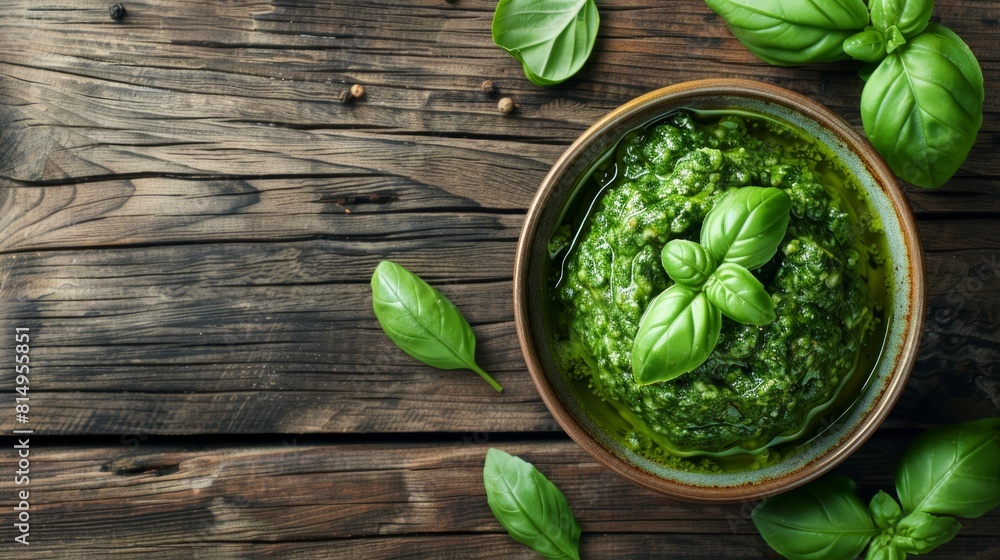 Traditional italian sauce pesto with green basil in wooden bowl on table Traditional italian sauce pesto with green basil in wooden bowl on table