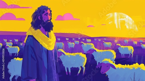 Illustration of Jesus Christ as a shepherd with sheep, one lamb separated, in a stylized colorful field. photo