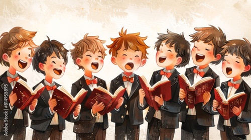 An illustration of a cheerful children's choir singing together, wearing uniforms and holding songbooks. photo