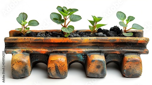 3D rendering of a concrete railway tie planter with 4 small plants growing out of it photo