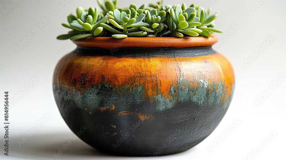 A beautiful succulent plant in a colorful ceramic pot. The succulent has green leaves and the pot has shades of brown, orange, and blue. A beautiful succulent plant in a colorful ceramic pot. The succulent has green leaves and the pot has shades of brown, orange, and blue.