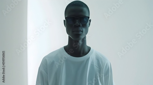 Fashionable Man Posing in Minimalist White Studio Setting with Oversized Fit Shirt and Sunglasses