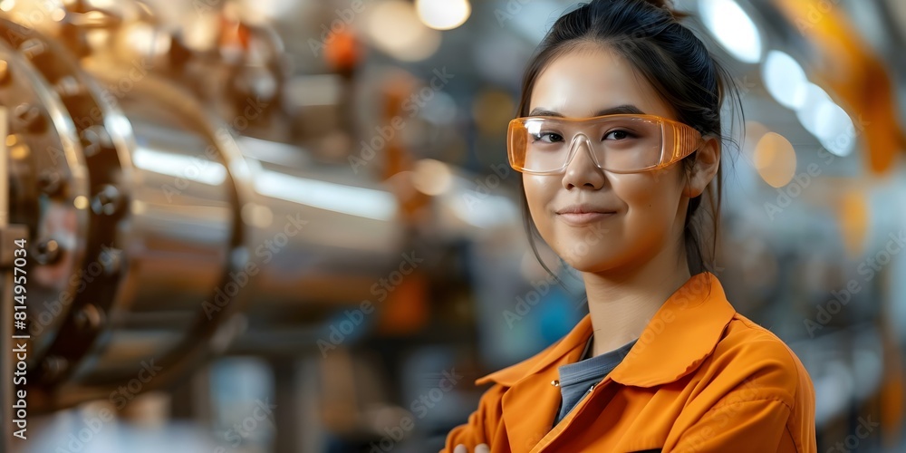 Proud Asian female engineer thriving in a modern factory environment. Concept Asian Engineer, Factory Environment, Modern Workplace, Female Empowerment, Professional Success Proud Asian female engineer thriving in a modern factory environment. Concept Asian Engineer, Factory Environment, Modern Workplace, Female Empowerment, Professional Success