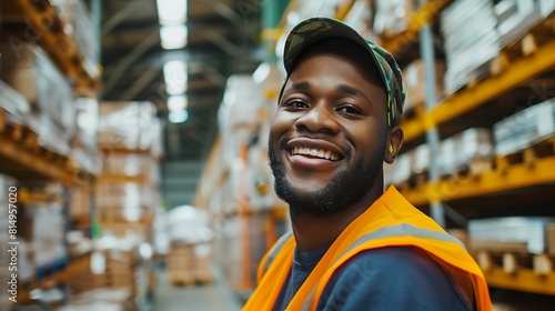 a worker to pose for the camera with a warm and sincere smile in the warehouse