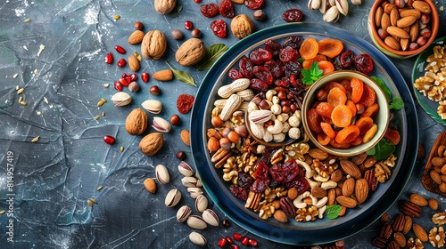 Raw snacks platter, nuts and dried fruits, cozy afternoon light, overhead shot