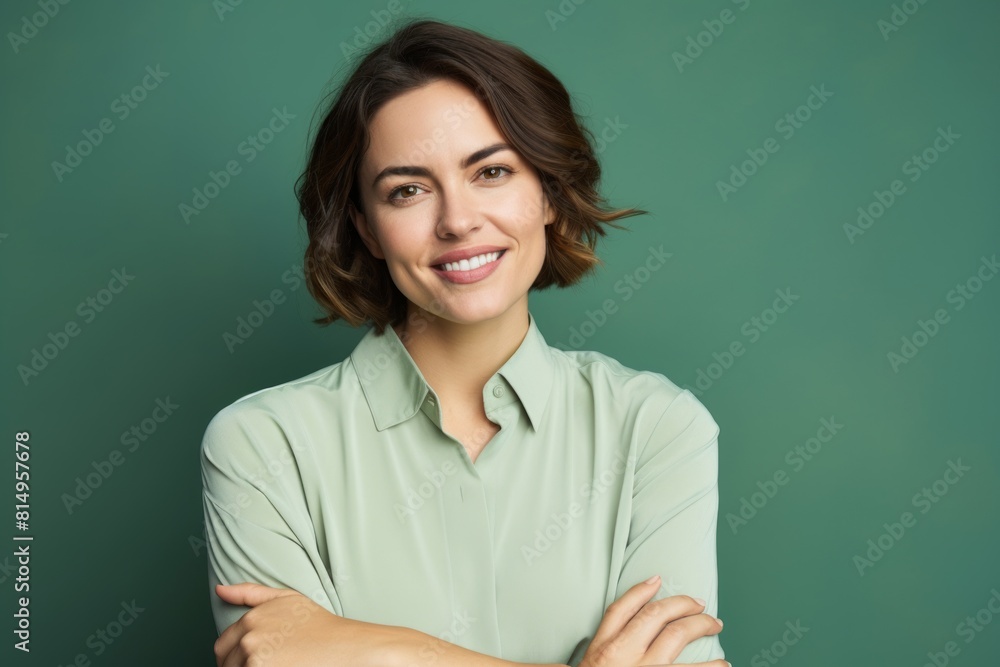 Portrait of a grinning woman in her 30s with arms crossed on pastel green background Portrait of a grinning woman in her 30s with arms crossed on pastel green background