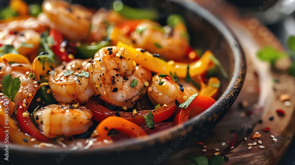 Shrimp stir fry with bell peppers, closeup, vibrant evening light Shrimp stir fry with bell peppers, closeup, vibrant evening light