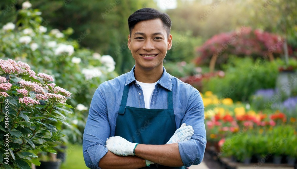 male gardener stands behind the garden and looks straight into the camera smiling male gardener stands behind the garden and looks straight into the camera smiling