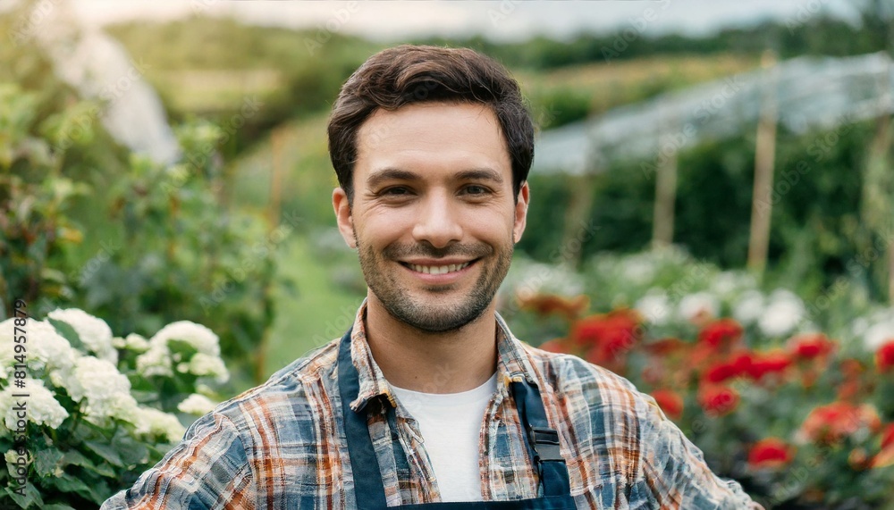 male gardener stands behind the garden and looks straight into the camera smiling male gardener stands behind the garden and looks straight into the camera smiling